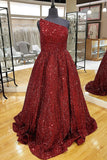Sparkly A Line One Shoulder Sequin Long Prom Dresses with Pockets Rjerdress