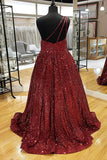 Sparkly A Line One Shoulder Sequin Long Prom Dresses with Pockets Rjerdress