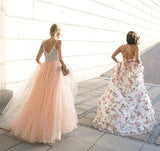 Sparkly A-line Pink Straps Beads Sweetheart Long Backless Appliques Prom Dresses RJS636 Rjerdress