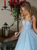 Sparkly Deep V Neck Long Beaded Backless Light Blue Prom Dresses Cheap Woman Dress RJS982 Rjerdress