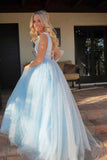 Sparkly Deep V Neck Long Beaded Backless Light Blue Prom Dresses Cheap Woman Dress RJS982