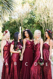 Sparkly Long Burgudny Sequin Shiny Wedding Party Dresses Bridesmaid Dresses Rjerdress