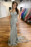 Sparkly Long Sheath Mermaid Spaghetti Straps Prom Dresses Evening Dresses Rjerdress