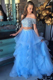 Sparkly Long Two Pieces Off The Shoulder Light Blue Beading Prom Dresses