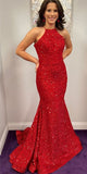 Sparkly Mermaid Open Back Halter Sequin Red Long Prom Dresses Rjerdress