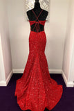 Sparkly Mermaid Open Back Halter Sequin Red Long Prom Dresses Rjerdress