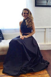Sparkly Modest Two Pieces Beaded Long High Neck Prom Dresses