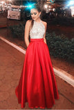 Sparkly Open Back Halter Beading Red Long Prom Dresses with Pockets RJS403