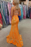 Sparkly Orange Sequins V-neck With Spaghetti Straps Mermaid Prom Dresses Rjerdress