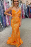 Sparkly Orange Sequins V-neck With Spaghetti Straps Mermaid Prom Dresses