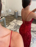 Sparkly Red Mermaid Sequin V Neck Spaghetti Straps Prom Formal Dress with Slit Rjerdress