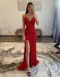 Sparkly Red Mermaid Sequin V Neck Spaghetti Straps Prom Formal Dress with Slit