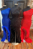 Sparkly Sheath Plus Size One Shoulder Sequins Slit Long Prom Dress with Feathers