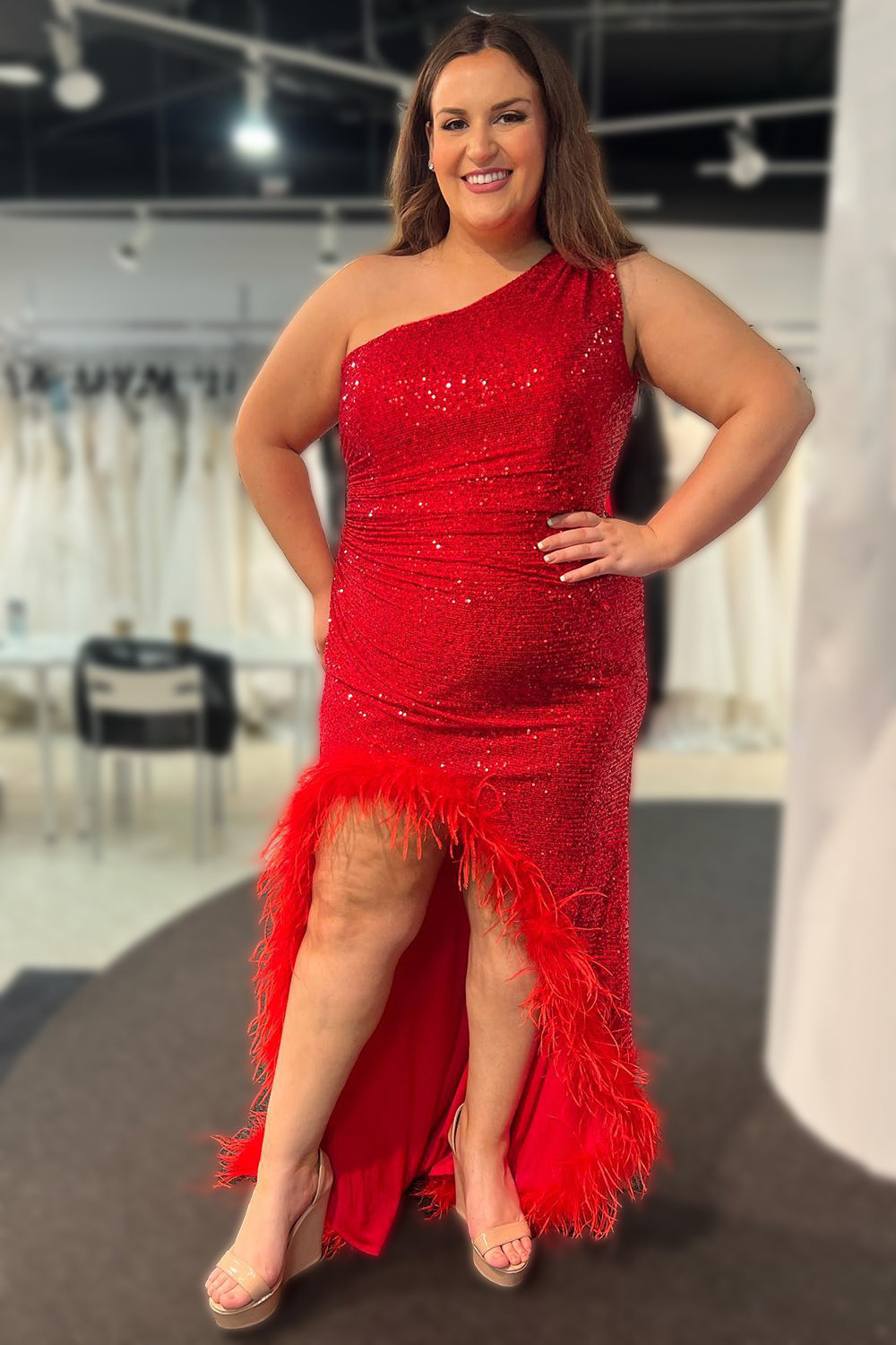 Sparkly Sheath Plus Size One Shoulder Sequins Slit Long Prom Dress with Feathers Rjerdress