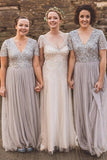 Sparkly Short Sleeves V Neck Long Bridesmaid Dress