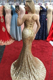 Sparkly Spaghetti Straps Gold Sequin Long Sheath Mermaid Prom Dresses With Split Rjerdress