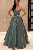 Sparkly Spaghetti Straps Green Sequins Prom Dresses, Backless Woman Dresses
