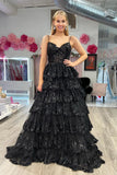 Sparkly Spaghetti Straps Tiered Sequin Embroidery Long Prom Dresses Rjerdress