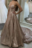 Sparkly Straps V Neck Long Prom Dresses With Sequin Evening Dress Rjerdress