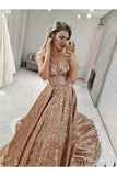 Sparkly Straps V Neck Long Prom Dresses With Sequin Evening Dress Rjerdress