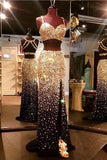 Sparkly Sweetheart Gold And Black Front Split 2 Pieces Beading Modest Prom Dresses RJS314