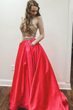 Sparkly Two Piece Beaded Satin Red High Neck Long Prom Dresses with Pockets Rrjs742 Rjerdress