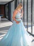 Sparkly Two Piece Tulle Blue Lace Up Back Long Prom Dresses With Applique Rjerdress