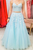 Sparkly Two Piece Tulle Blue Lace Up Back Long Prom Dresses With Applique Rjerdress