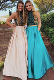 Sparkly Two Pieces Long Beaded Pink High Neck Sleeveless Evening Dresses RJS153 Rjerdress