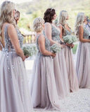 Sparkly V Neck Backless Beading Tulle A-line Long Modest Bridesmaid Dresses For Wedding Rjerdress