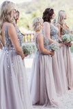 Sparkly V Neck Backless Beading Tulle A-line Long Modest Bridesmaid Dresses For Wedding