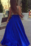 Sparkly V-Neck Silver And Royal Blue Long A-Line Prom Dresses Rjerdress