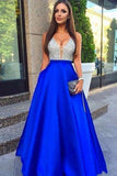 Sparkly V-Neck Silver And Royal Blue Long A-Line Prom Dresses