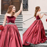Special Burgundy Velvet Sweetheart Beads Strapless Sash Ruched Satin Prom Dresses RJS130 Rjerdress