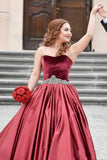 Special Burgundy Velvet Sweetheart Beads Strapless Sash Ruched Satin Prom Dresses RJS130
