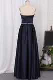 Strapless A Line Bridesmaid Dresses Satin With Beading Floor Length Rjerdress