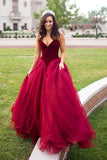 Strapless A-line Long V-Neck Tulle Burgundy Sleeveless Floor-Length Prom Dresses RJS269