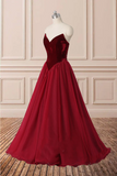 Strapless A-line Long V-Neck Tulle Burgundy Sleeveless Floor-Length Prom Dresses RJS269 Rjerdress