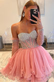 Strapless Beads Homecoming Dresses A Line Tulle Ruffle With Detachable Sleeves Rjerdress