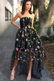 Strapless Black High Low Flowy Embroidery Prom Dresses Evening Dresses Rjerdress