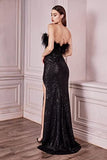 Strapless Feather Sequin Long Mermaid Prom Dresses Evening Dresses with Slit Rjerdress