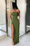 Strapless Mermaid Floor Length Sleeveless Green Side Slit Prom Dresses Simple Dress P1018 Rjerdress