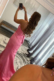 Strapless Satin Floor Length Prom Dresses With Slit & Bowknot Rjerdress