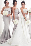 Strapless Silver Mermaid Elegant Long Sleeveless Bridesmaid Dresses RJS64