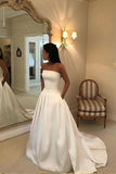 Strapless Simple Ivory Satin A Line Pleated Wedding Dresses With Court Train Bride Dresses