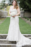Strapless Sweetheart Lace Sweep Train Wedding Dresses With Appliques