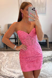 Strapless Sweetheart Short Pink Bodycon Cute Mini Lace Applique Homecoming Dress RJS169