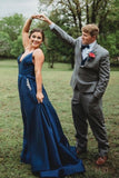 Straps A-Line Beaded Navy Blue Prom Dress With Pockets Rjerdress