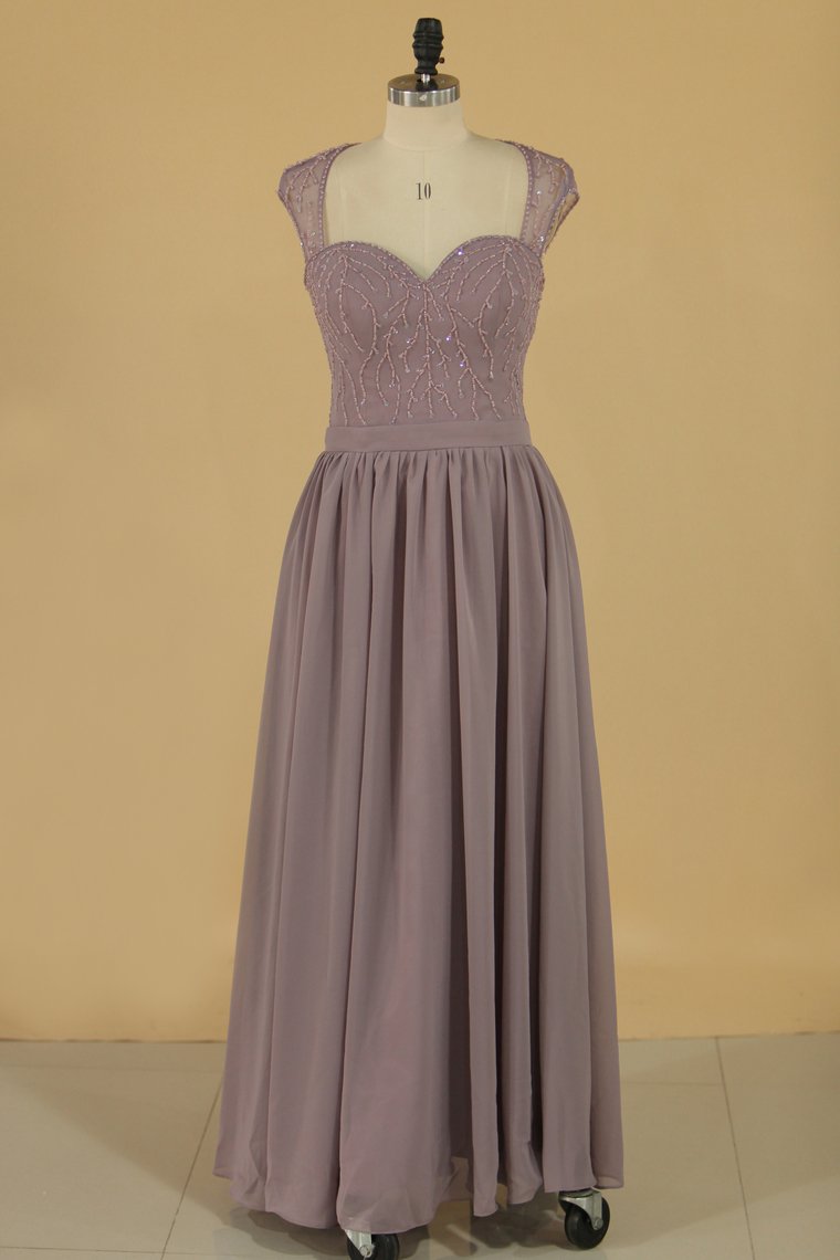 Straps A Line Bridesmaid Dresses Chiffon With Beads Floor Length Open Back Rjerdress