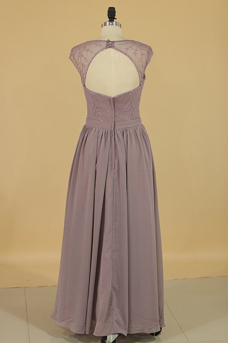 Straps A Line Bridesmaid Dresses Chiffon With Beads Floor Length Open Back Rjerdress